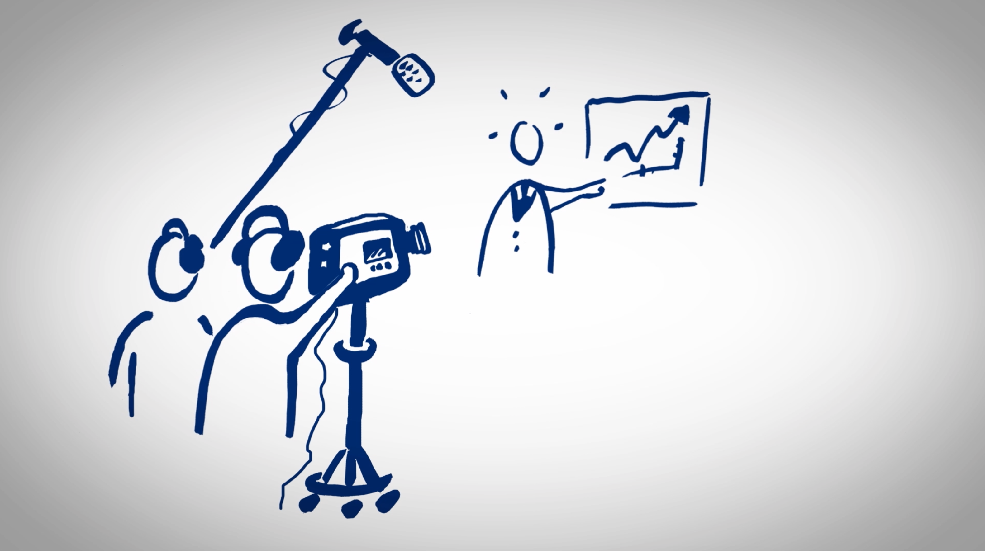 Gezeichnetes Filmteam mit Kamera und Mikrofon filmt Präsentator vor Diagramm mit Aufwärtspfeil